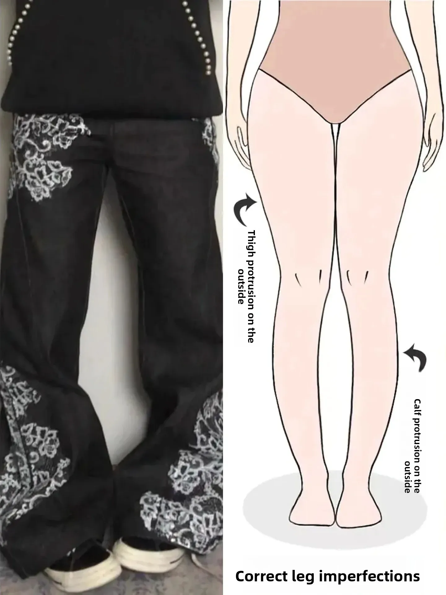 

Retro American Floral Lace Splicing Denim Pants Women's Loose Wide Leg Jeans High Street Style Autumn Winter New Arrival