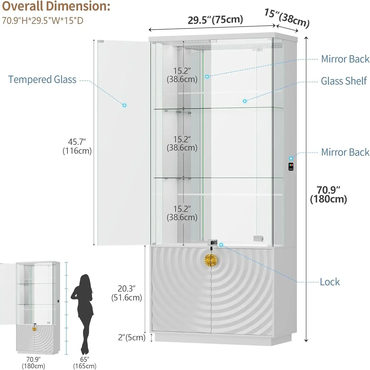 71 Inch White Lockable Glass Door Display Cabinet 4 Tier Curio Case With 3 Color Lights Human Body Sensor Shelves Drawers For Co
