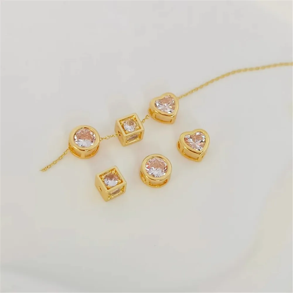 14K Copper Plated Gold Set Zircon Crystal Heart-shaped Round Square Straight-hole Isolated Scattered Beads DIY Jewelry Accessori