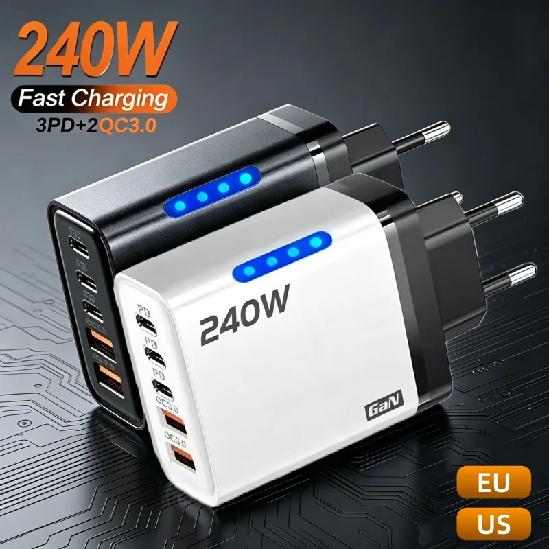 Cargador de Escritorio GaN 5 en 1 para iPhone 17 16 Pro, Laptop Samsung, Adaptador de Carga Rápida de 240W, Cable USB a Tipo-C de 10A, 3PD, 2USB