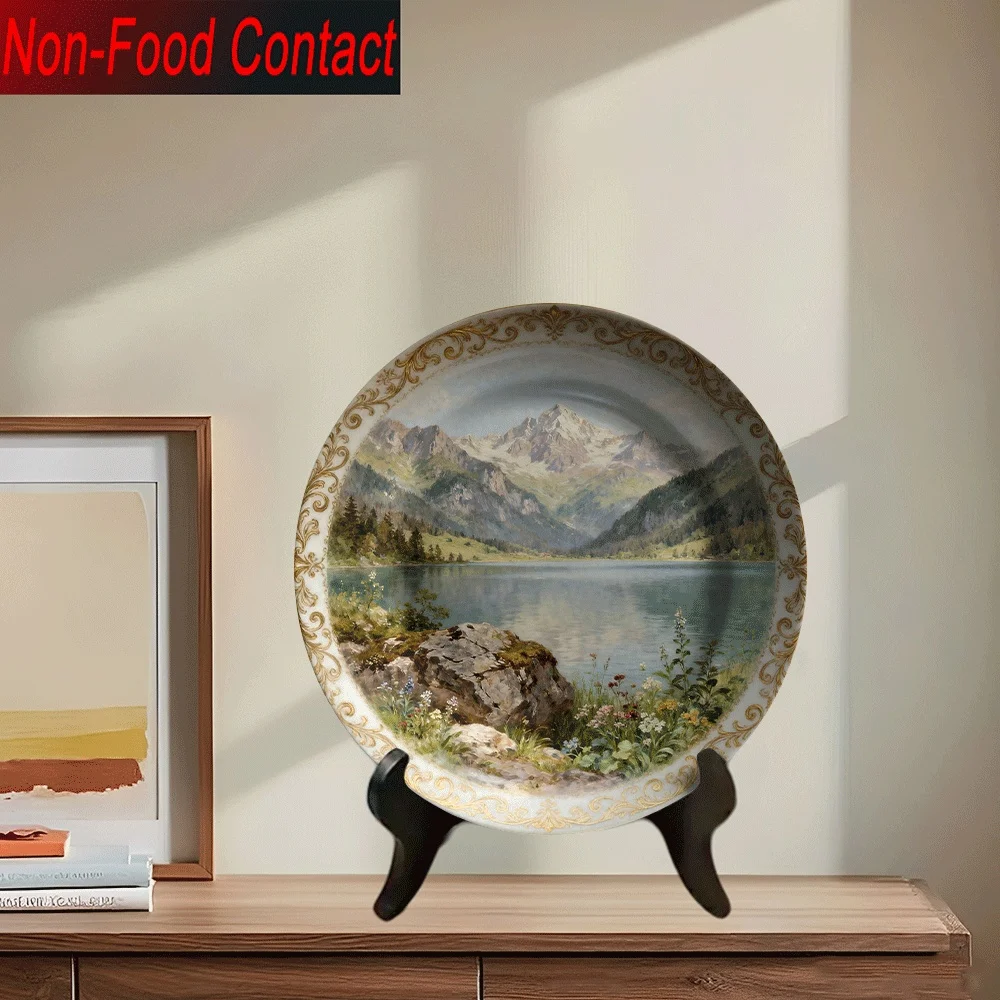 1pc Ceramic Decorative Plate - Round Elegant Wall Plate with Golden Pattern Frame, Scenic Landscape Suitable for Home Decor,