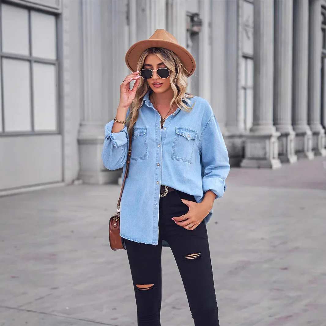 

2025Fashion Women's Denim Shirt Coat One Button Row Long Sleeve Oversized Shacket Slimming Cotton Top