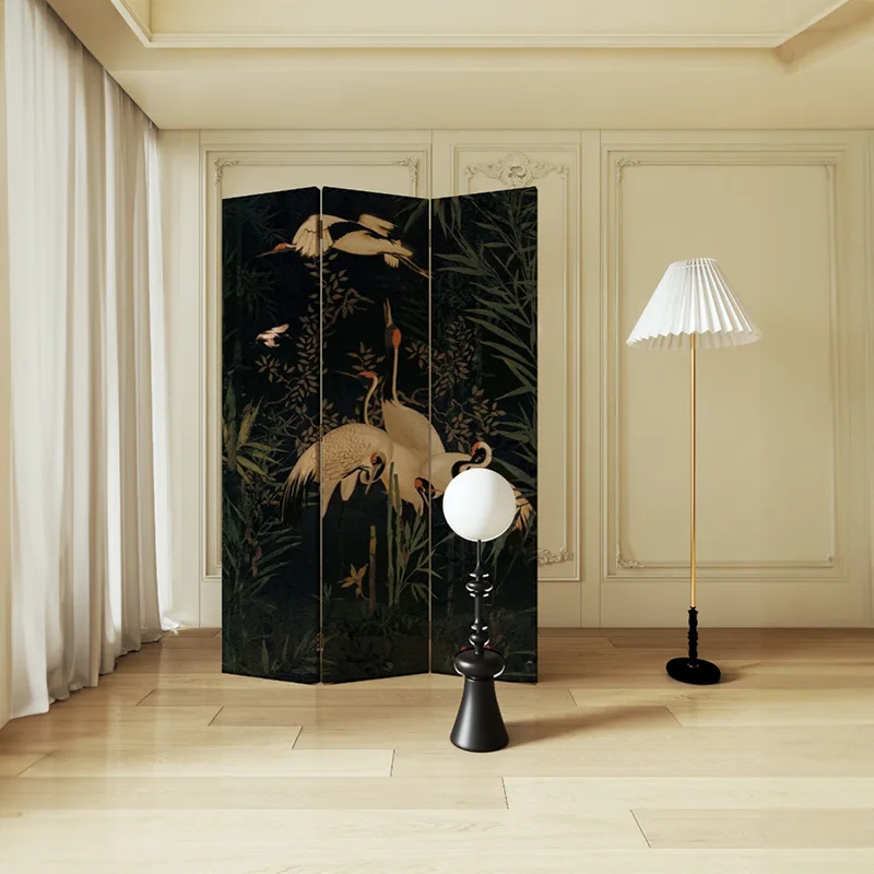 French vintage crane screen partition living room entrance sofa background movable Chinese style foldable Chinese folding screen