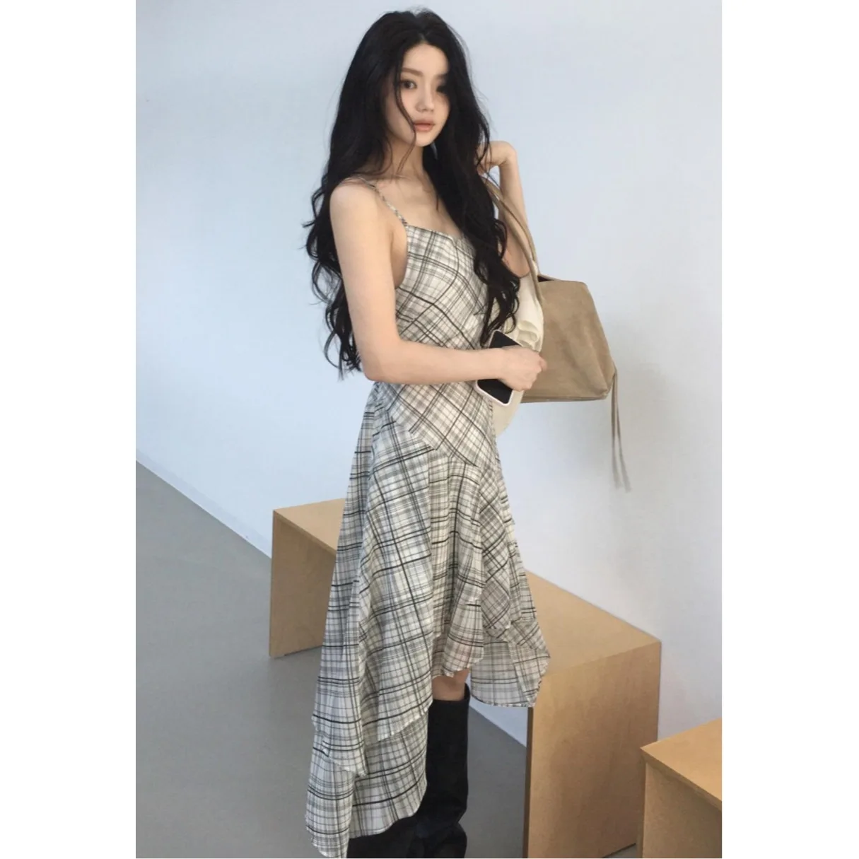 

Retro Summer New Chic Long Strapless Dress Women's Skirt Pattern Color Collision Irregular Waist Cinching Korean Style Dress