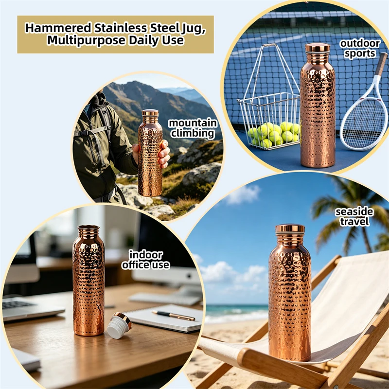 800ML Stainless Steel Electroplated Copper Water Bottle​ ​One-Click Open Lid​ ​Hammer Pattern Bottle​ Sports Water Bottle
