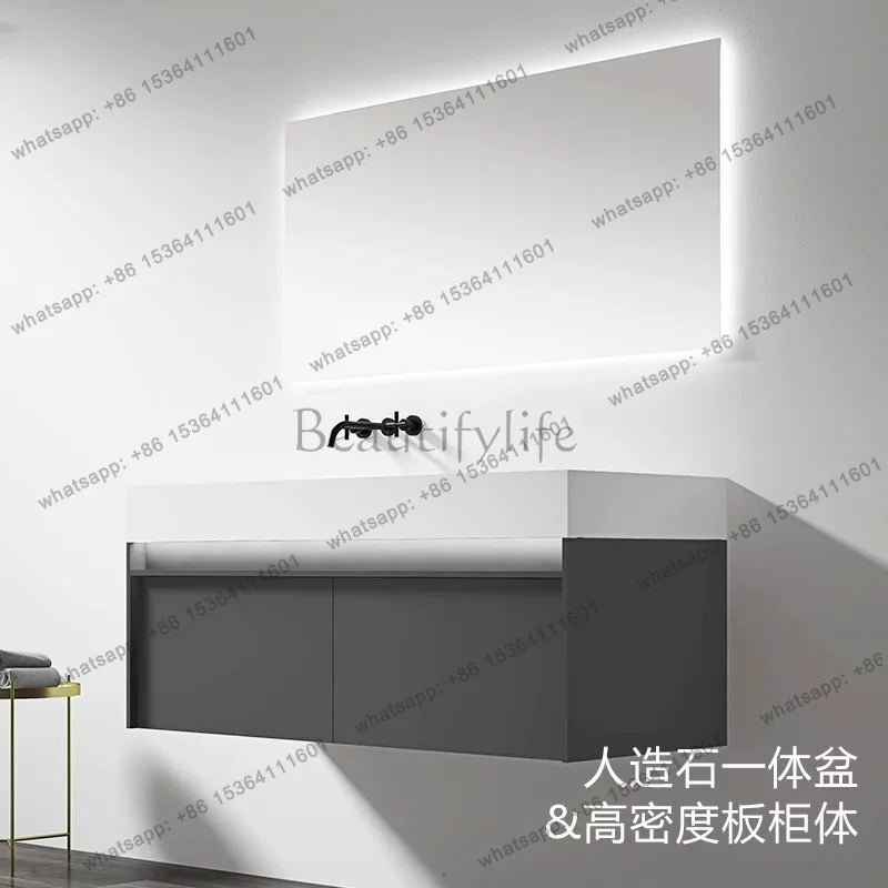 Artificial stone bathroom washstand wash basin light luxury household LED mirror bathroom cabinet combination