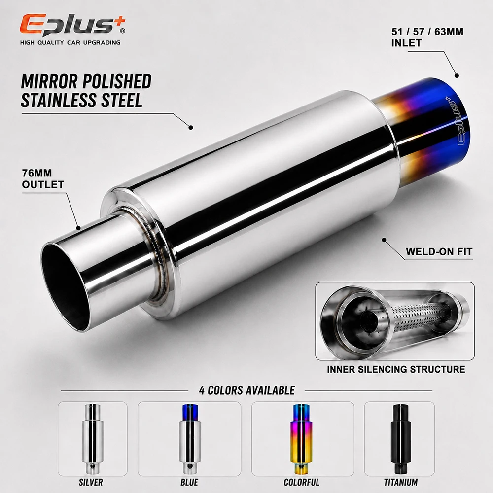 EPLUS Universeller Auto-Auspuff-Schalldämpfer aus Edelstahl mit gerader Schnittspitze, Auto-Auspuff-Resonator, Einlass 51/57/63mm, Auslass 76MM – Detail 7