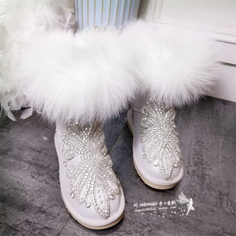 Pearlescent white mid-tube snow boots natural fox hair rhinoceros custom fur one large size women's cotton shoes 35-44