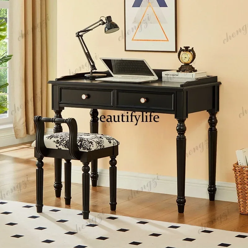 A68French retro black desk, antique solid wood home, small apartment computer desk, learning and writing desk