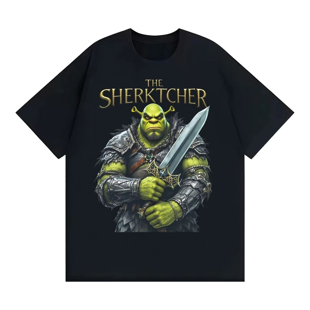 Funny Shrek Witcher The Sherktcher Meme Graphic Tee Unisex Vintage Oversized Short Sleeve Casual Streetwear Fashion Tops