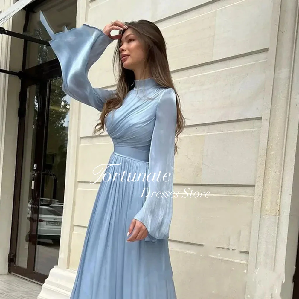 Fortunate Sky Blue Chiffon Pleats Evening Dress A-line High Collar Long Sleeve Ankle Length Formal Occasion Evening Dresses 2024