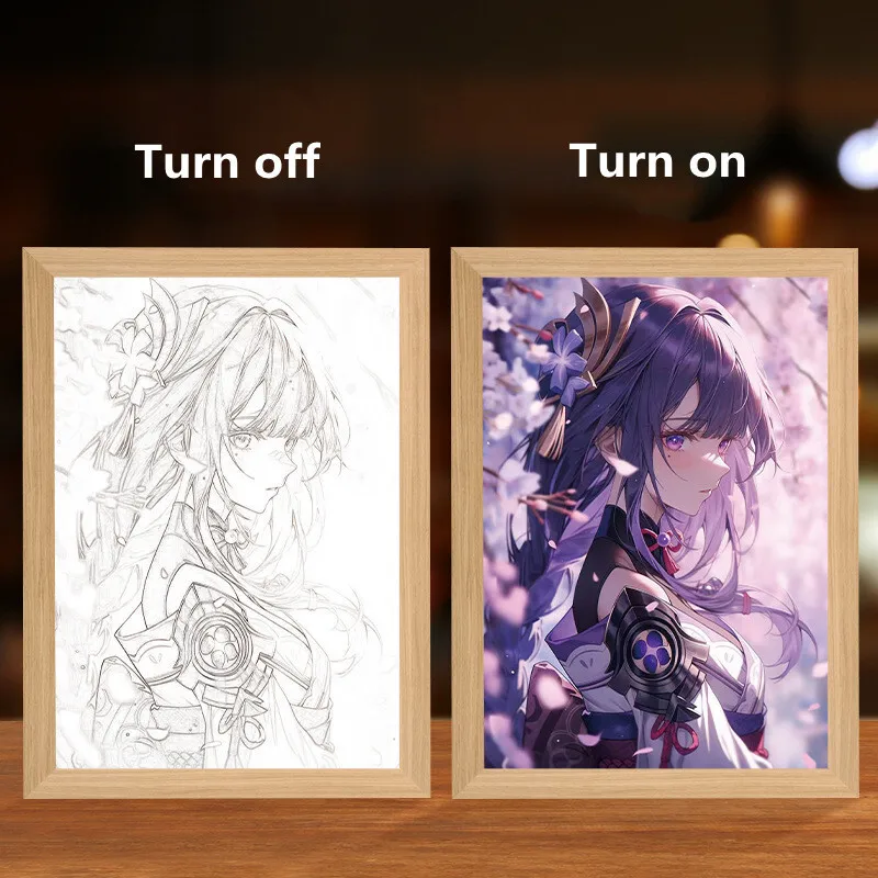 Genshin Impact Figure LED Light Painting with Frame Furina Hu Tao Wanderer Anime Poster Wall Art Room Decor Desk Night Lamp
