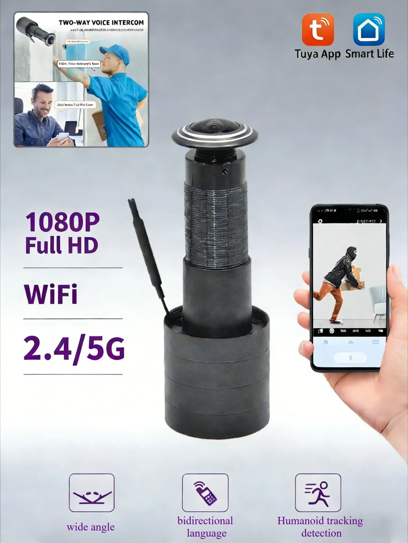 

Умный беспроводной дверной видеоглазок Tuya 3 МП HD с Wi-Fi 2.4G/5G, камерой, датчиком движения, двусторонней аудиосвязью для домашней безопасности