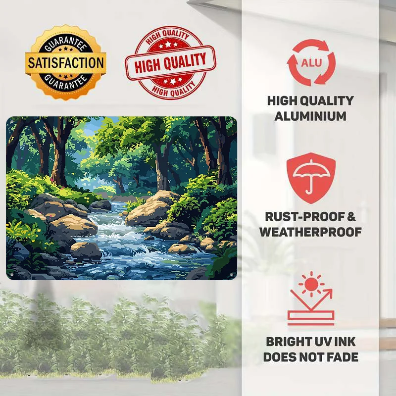 Pixel Art Zen Forest River 3D Texture Printed Poster Custom Vintage Metal Tin Plate Sign for Wall Art Home Decoration Luxury