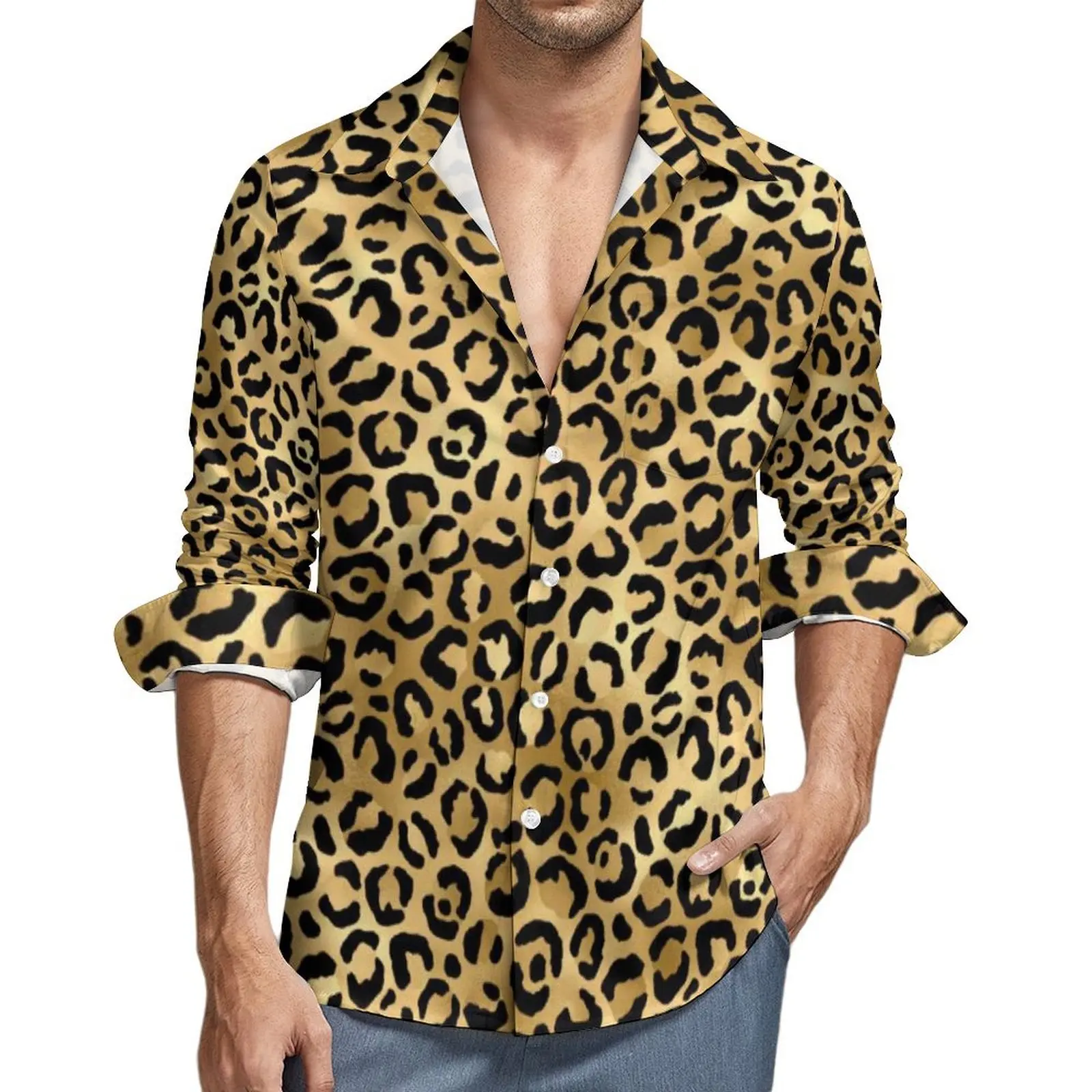 

Cheetah Animal Trendy Casual Shirts Black Leopard Stylish Classic Shirt Autumn Harajuku Oversize Blouse Men Long Sleeve Tops