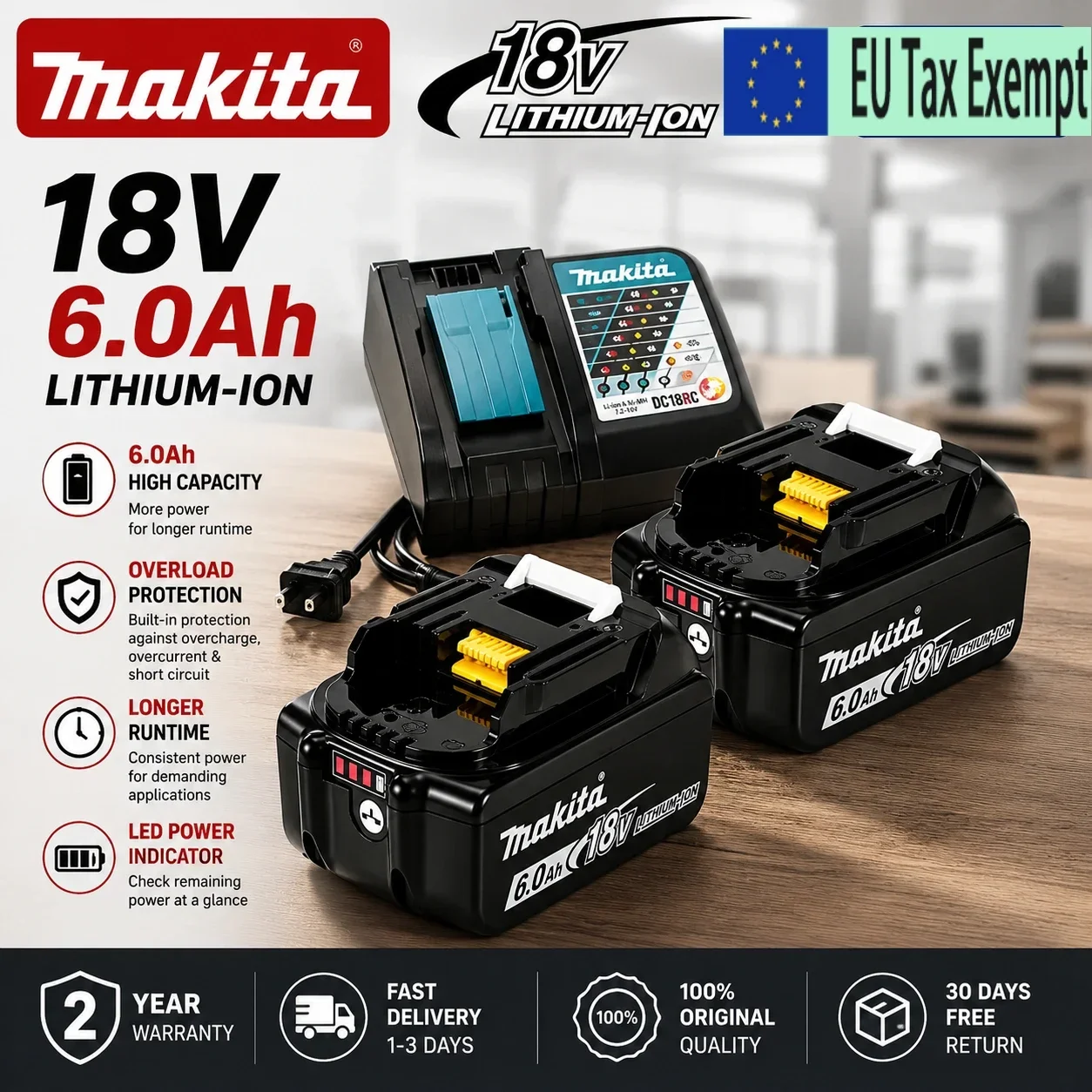 Batteria originale Makita, per utensili elettrici a batteria Makita 18V, modelli BL1850, BL1860, DTD173 – utensili professionali per foratura e fissaggio.