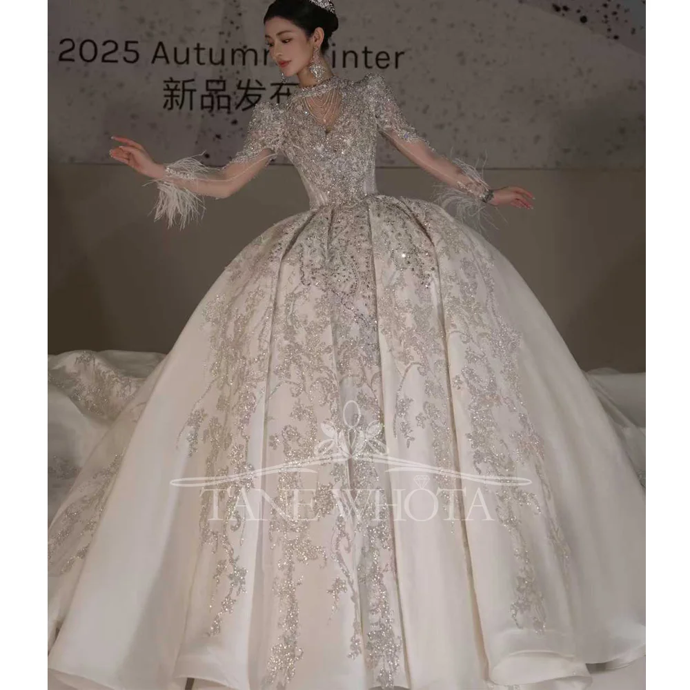 럭셔리 O넥 긴팔 비즈 장식 스팽글 볼 가운 웨딩 드레스 맞춤 제작 베스티도 노이바 카사멘토
