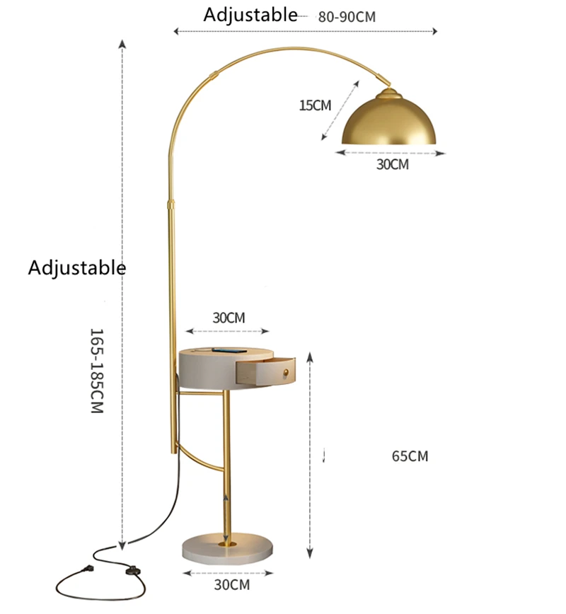 2022 nuovo moderno caricatore USB senza fili LED oro nero lampada da terra in metallo con cassetto soggiorno accanto alla lampada da terra