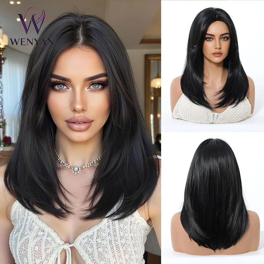 

18 Inch Layered Wigs Length Wear and Go Glueless Straight Wig with Bangs Natural Looking Heat Resistant Synthetic Wigs