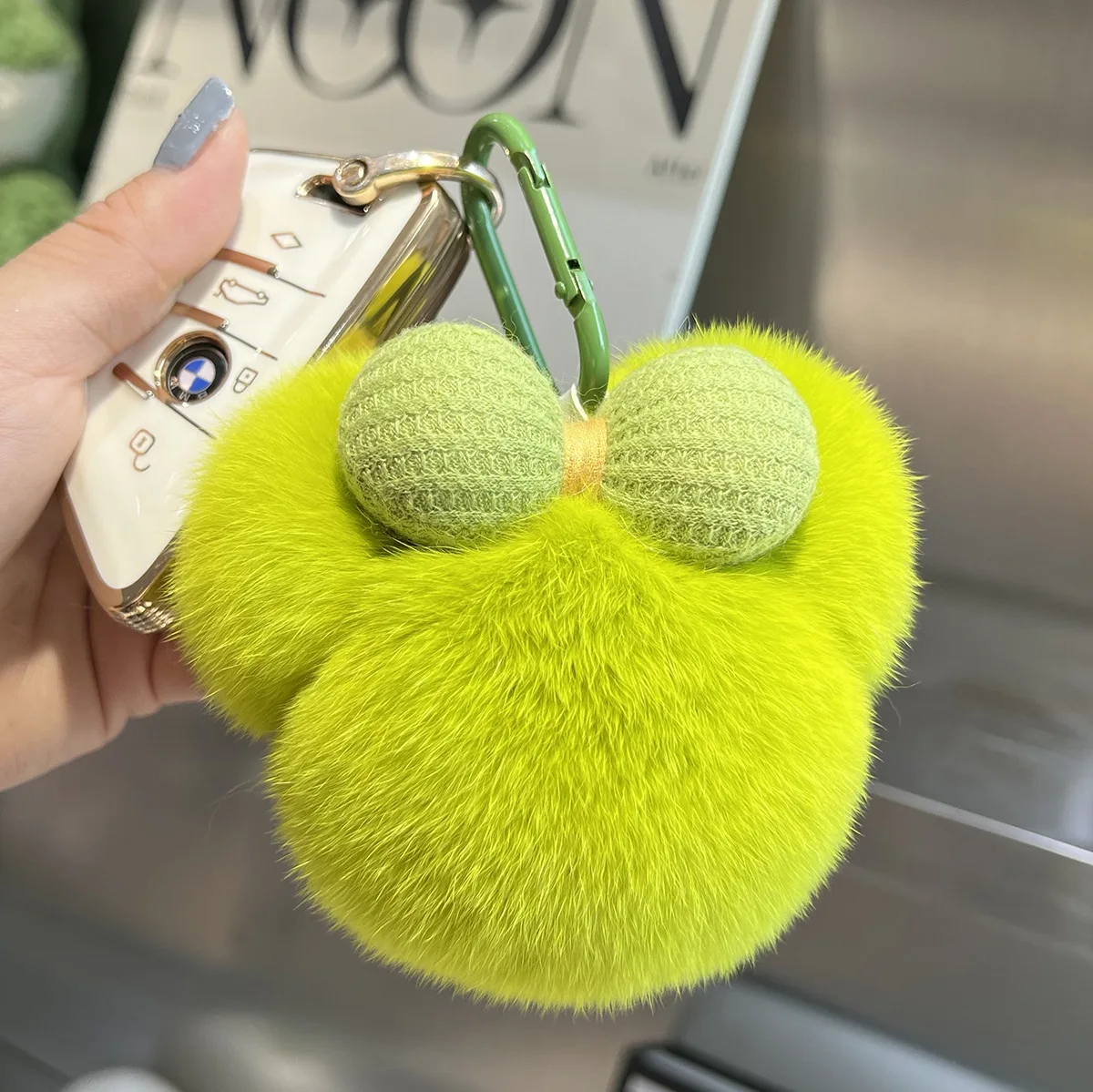 Cute Bunny Fur Bow Mickey Head Car Keychain Pendant Ins Plush Doll Backpack Charm Gift
