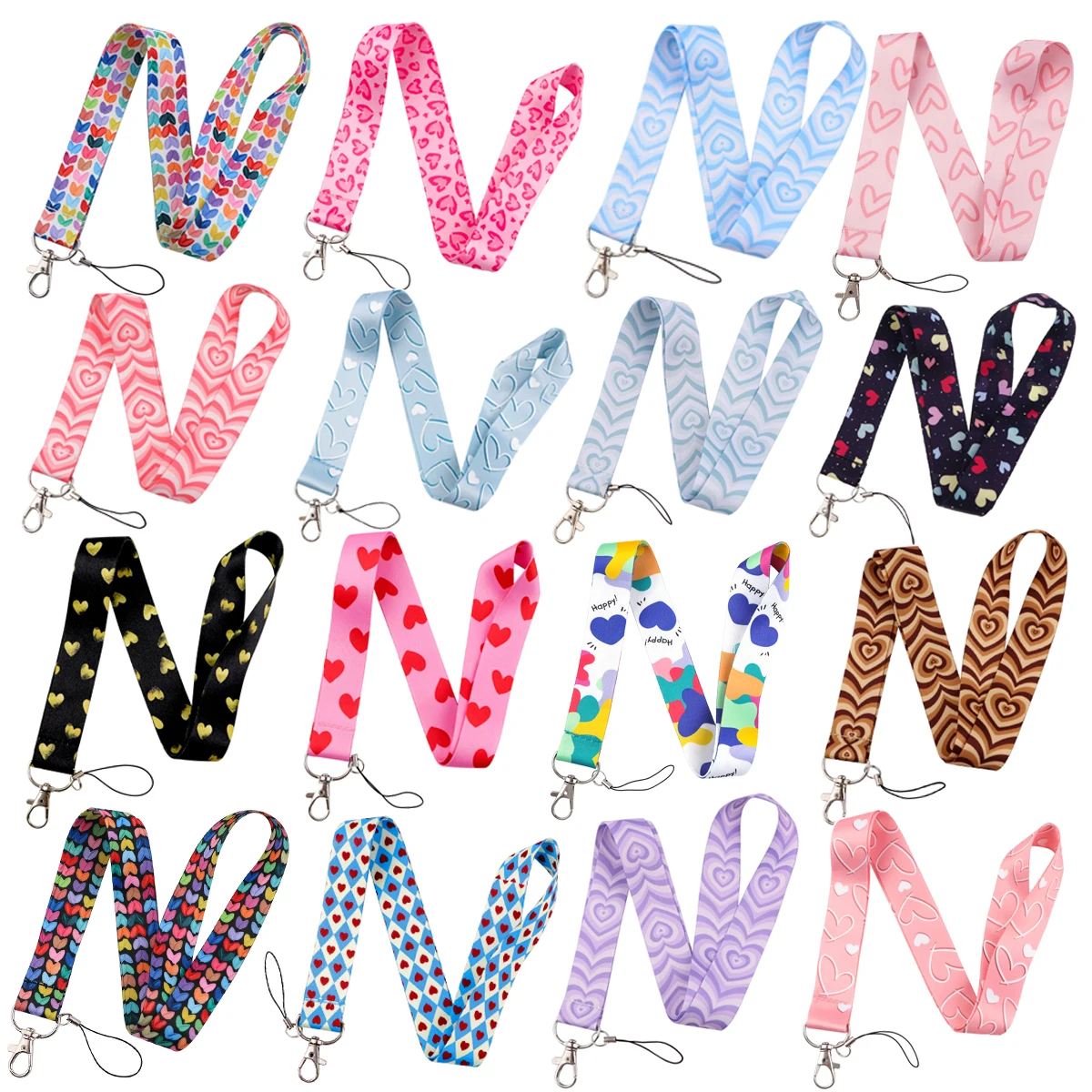 Cute Love Heart Lanyards Neck Strap Colorful Pattern Mobile Phone Rope Credit Card Cover Card Sleeve Fashion Accessories Gifts