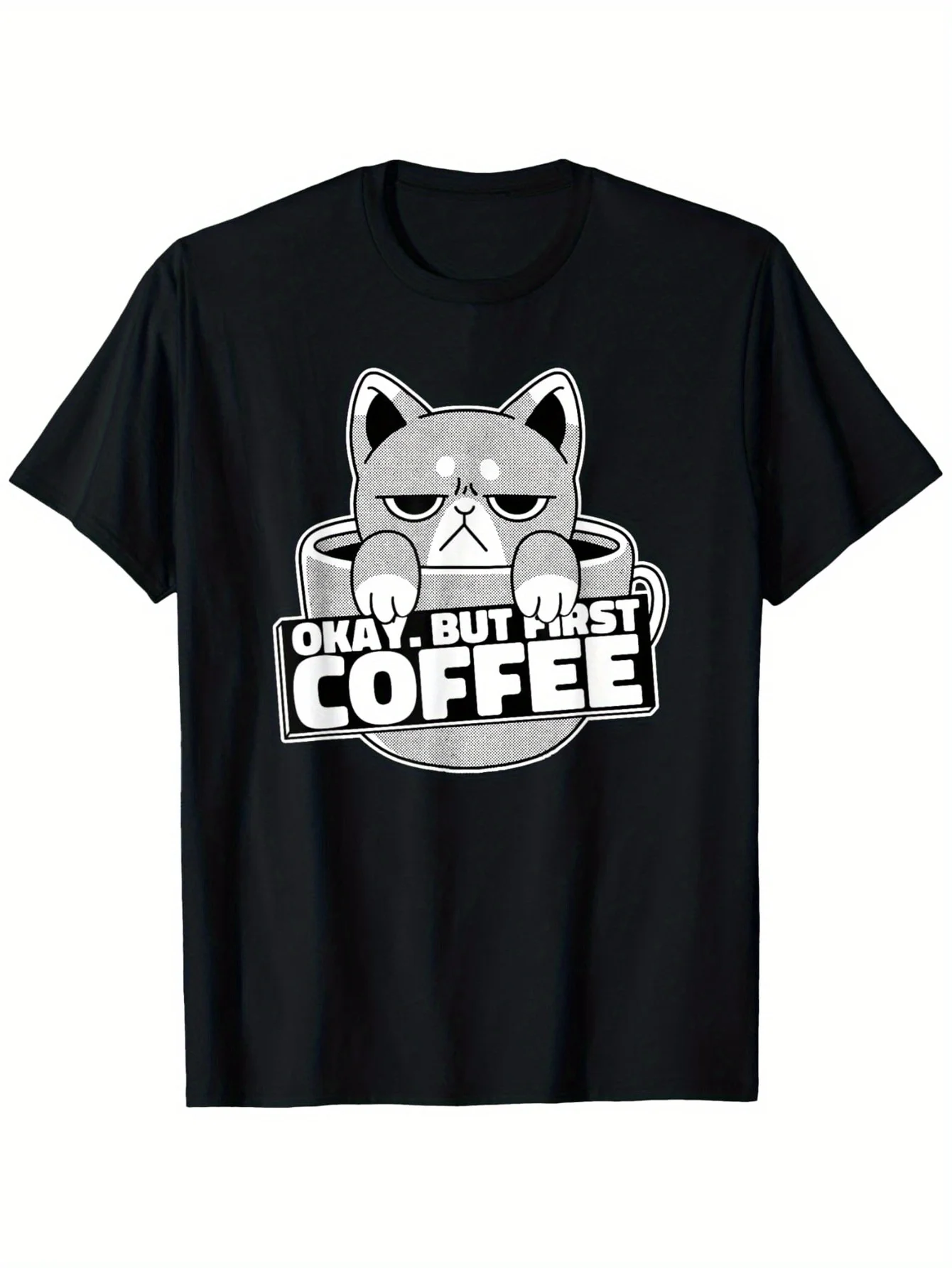 

Футболка с рисунком OK But First Coffee Grim Moody Cat, саркастическая хлопковая футболка унисекс, хлопковая повседневная уличная рубашка обычного кроя