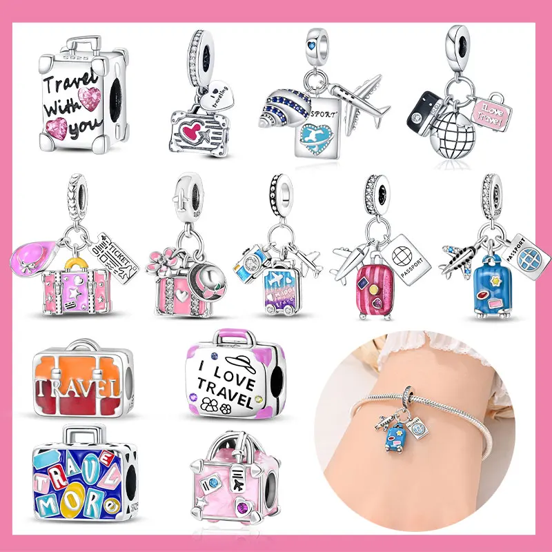

Серебро 925, дорожная серия, чемодан, камера, самолет, шляпа, подвески, подходят для оригинального браслета-цепочки в виде змеи, сделай сам, для женщин, изготовление ювелирных изделий, подарок