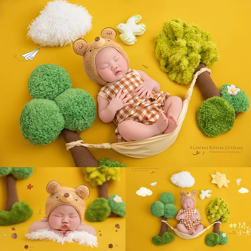 Forest Bear Theme Newborn Photography Props Baby Plaid Romper Fabric Prop Trees Studio Photo Shoot Outfit For 0-1 Month Baby