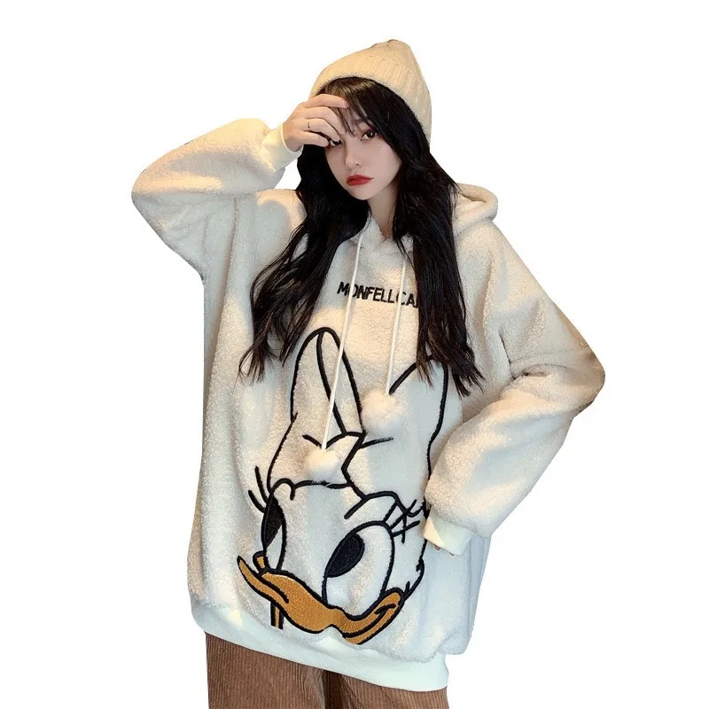 Korean popular clothes Woman Lamb Wool Coat Autumn and Winter New Cute Donald Duck Sweatshirts Coat Female Thick Mid-length