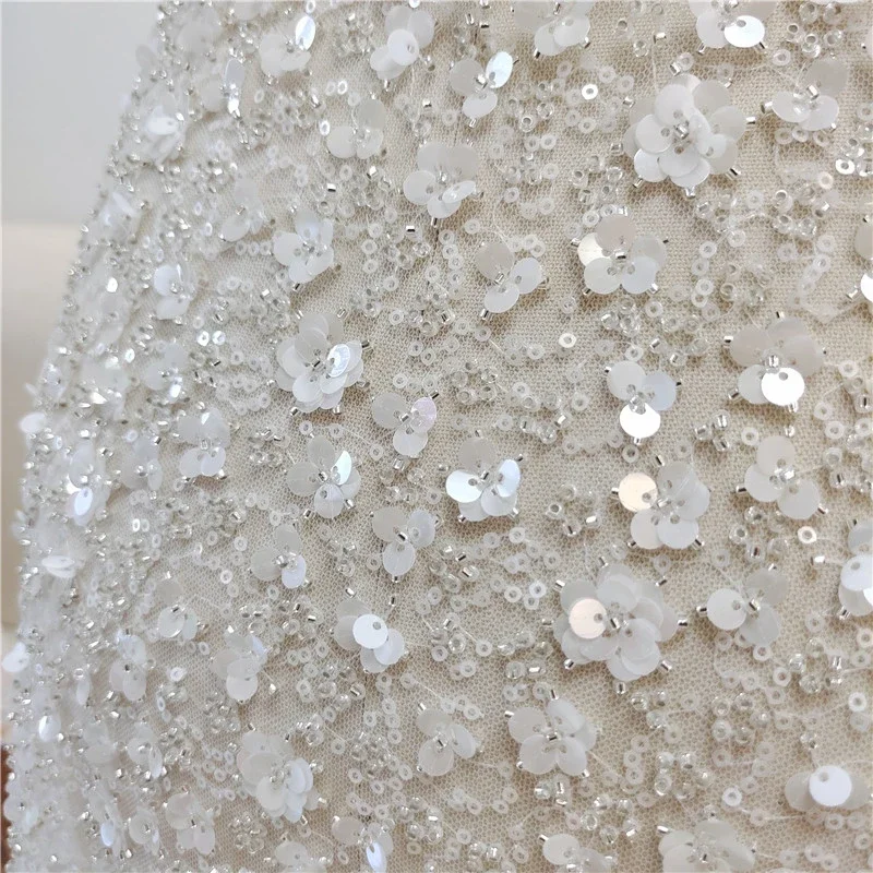 Off White Silvery Beading Lace 1 Yard Allover Sequined Flowers 2D Appliqued Embroidery Lace Fabric for Dress