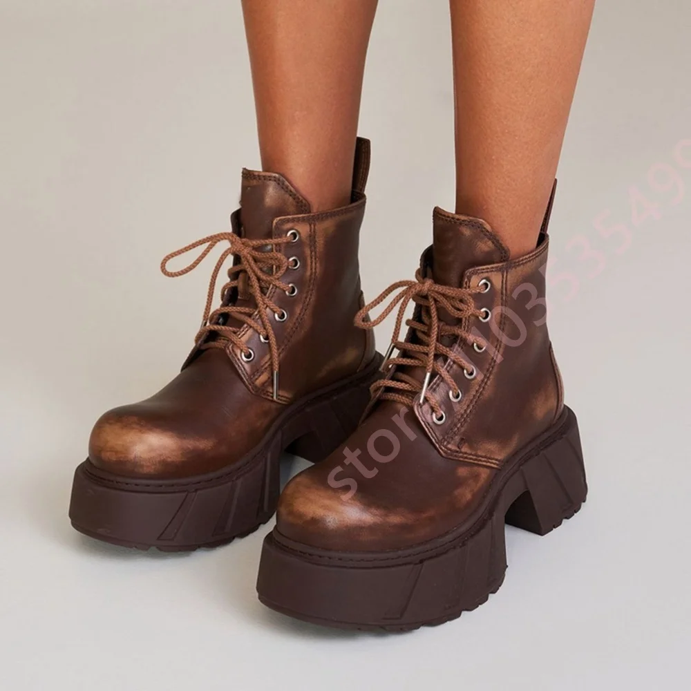 Women Distressed Platform Ankle Boots Fall 2026 Retro Lace Up Round Toe Chunky Block Heel Boots Gothic Streetwear Short Boots