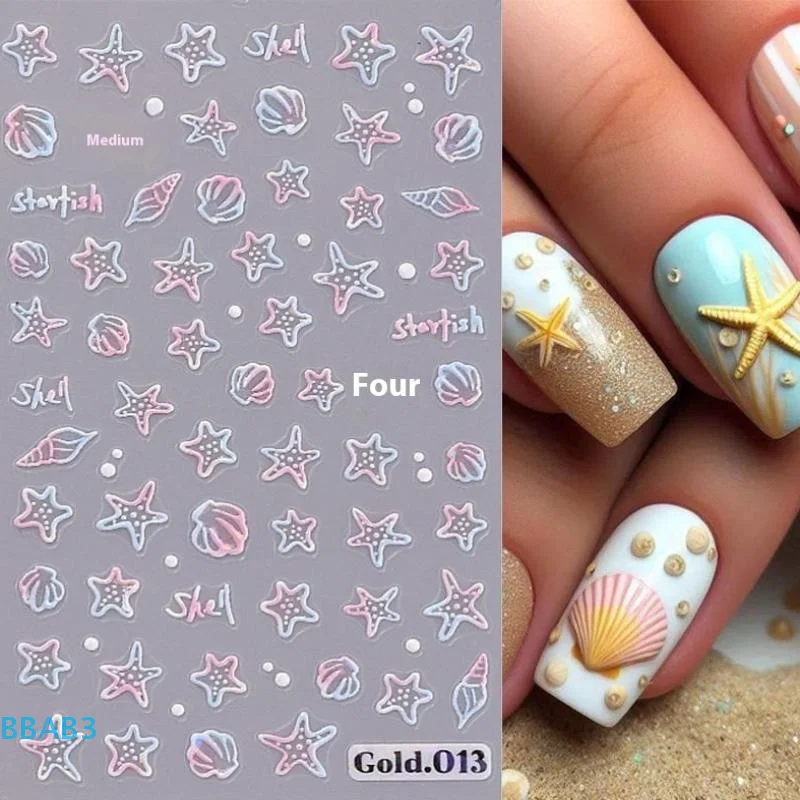 【B】pegatinas de uñas de playa de verano de medusas, concha colorida, estrella de mar, Concha, pescado, deslizadores adhesivos, calcomanías en relieve, decoración de láminas para manicura