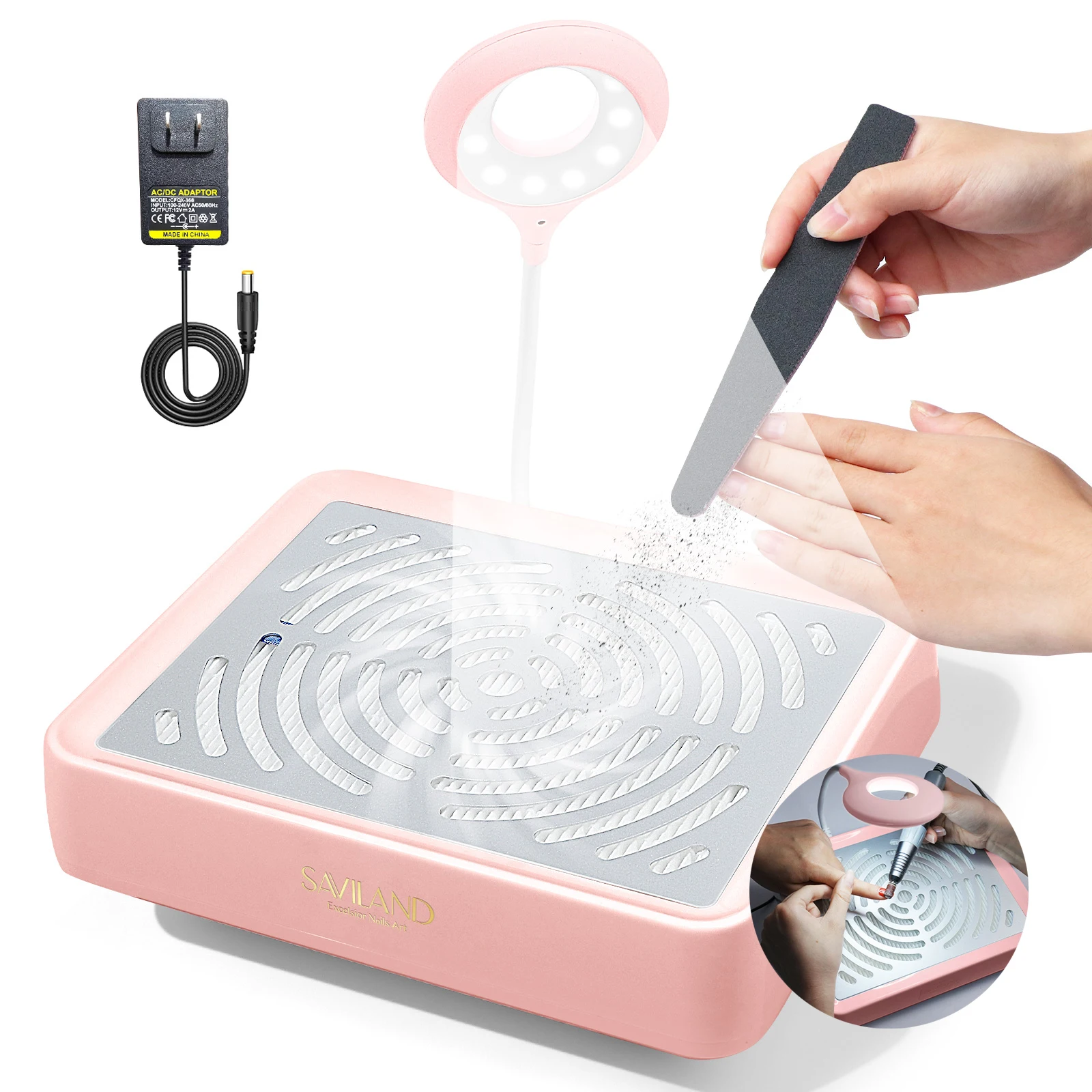 

SAVILAND Nail Dust Collector with Light 40W Powerful Vacuum Low Noise Reusable Filter Pink for Acrylic Gel Nails Polishing