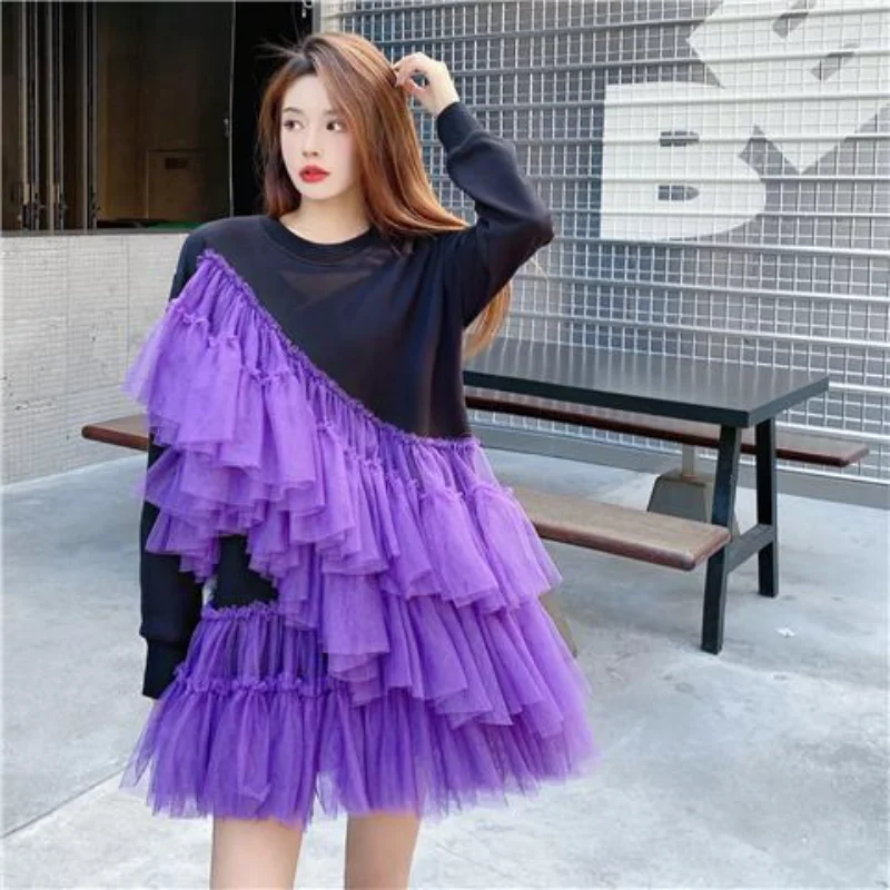 Harajuku Irregular Mesh Spliced Ruffles Pullovers Long Sleeve Gauze Stitching Lotus Sweater Dress Pleated Jumpers Tops Vestidos