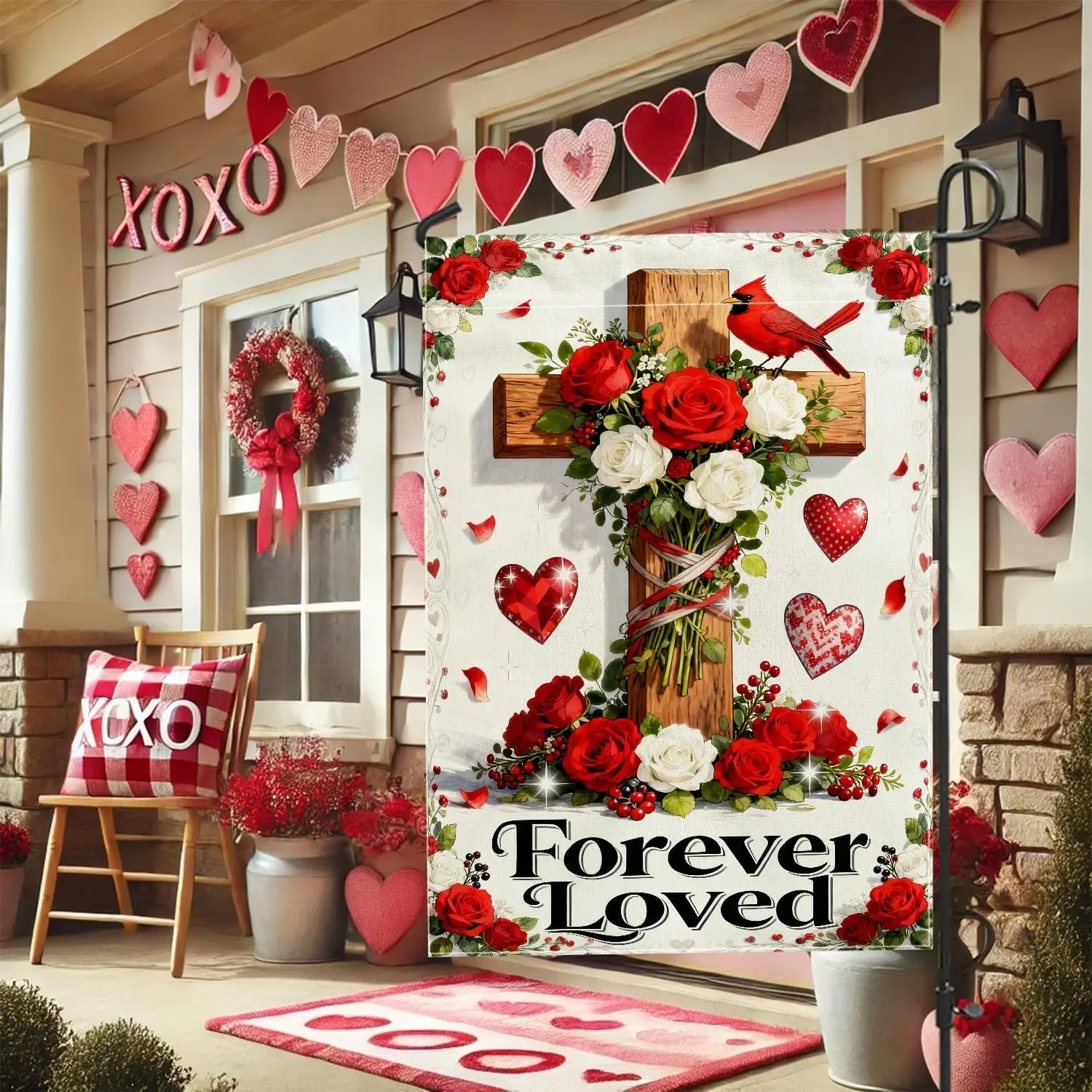 Cross Garden Flag, Religious Romantic Cardinal Roses Valentine Red Burlap Double Sided Yard Decorative Flags for Outdoor Law IIC