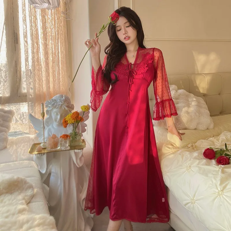 V-Neck Lace Nightdress Women Sleepwear Nightgown Dress Loungewear Summer Silky Satin Bathrobe Morning Gown Home Wear Clothes