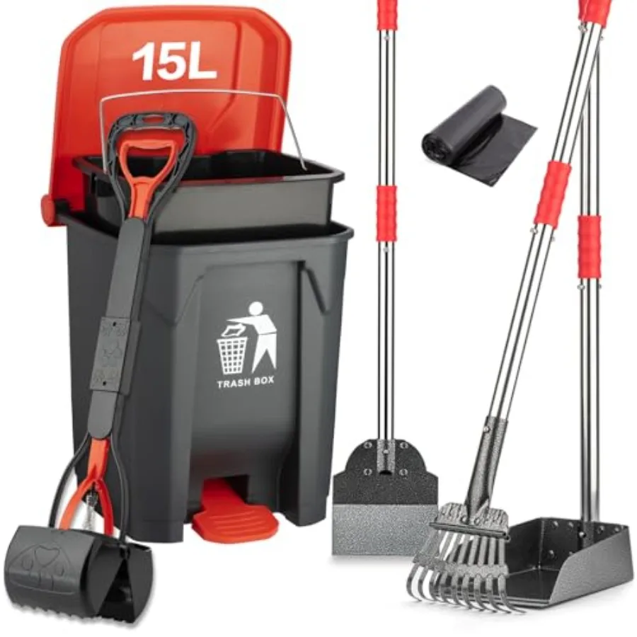 

Pooper Scooper Set for Large Small Dogs with 15L Outdoor Step Trash Can Removable Inner Bucket 20 Waste Bags Durable Plastic Bl