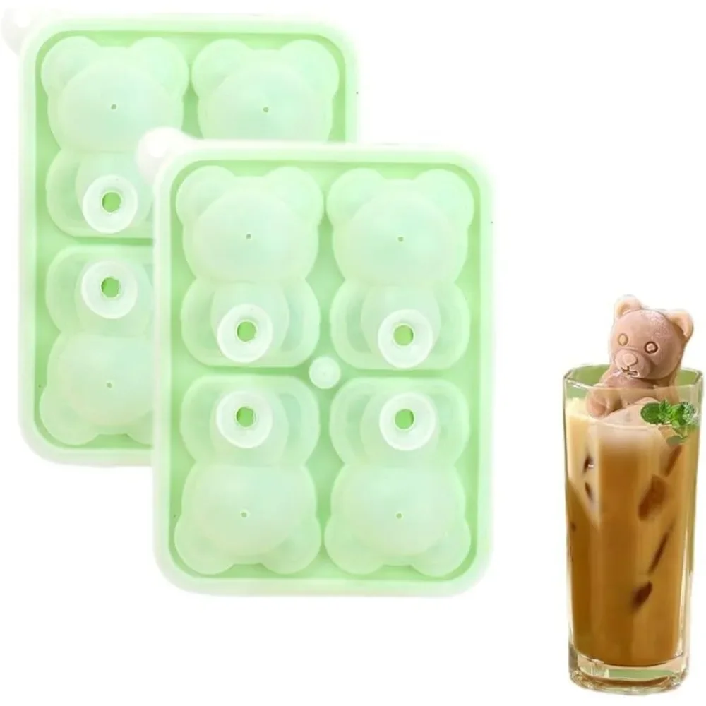 2Pcs Bear Ice Cube Tray 4 Cavities Silicone Bear Ice Cube Molds Lid 3D Bear Shape for DIY Water Drink Ice Coffee Juice Cocktail