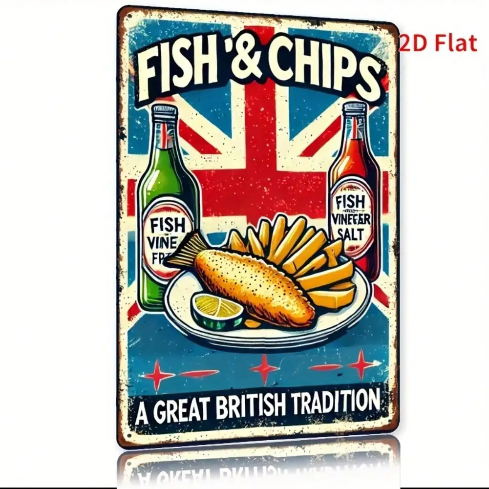 علامة قصدير معدنية عتيقة للأسماك والرقائق البريطانية، لوحة فنية جدارية للمطبخ والمنزل والمقهى وديكور المرآب