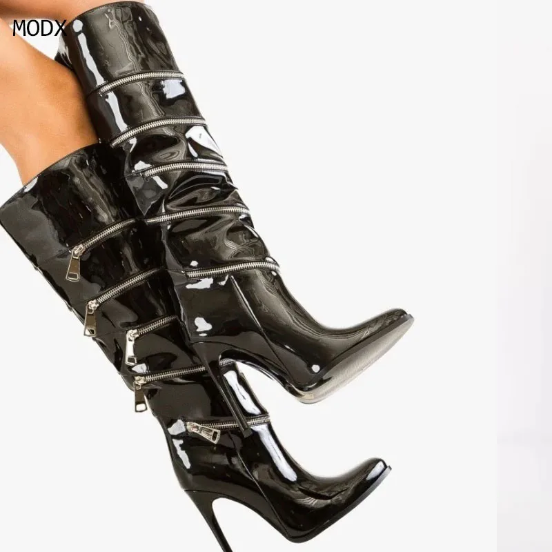 

2025 Сапоги до колена из лакированной кожи с поясом-молнией и острым носком, боковая молния, узкие сапоги на очень высоком каблуке, женские ботинки 44