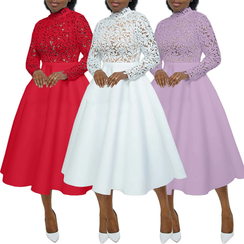 Elegant African Party Evening Dresses for Women Autumn Long Sleeve Lace Patckwork Long Dress Outfits Dashiki Africa Clothing