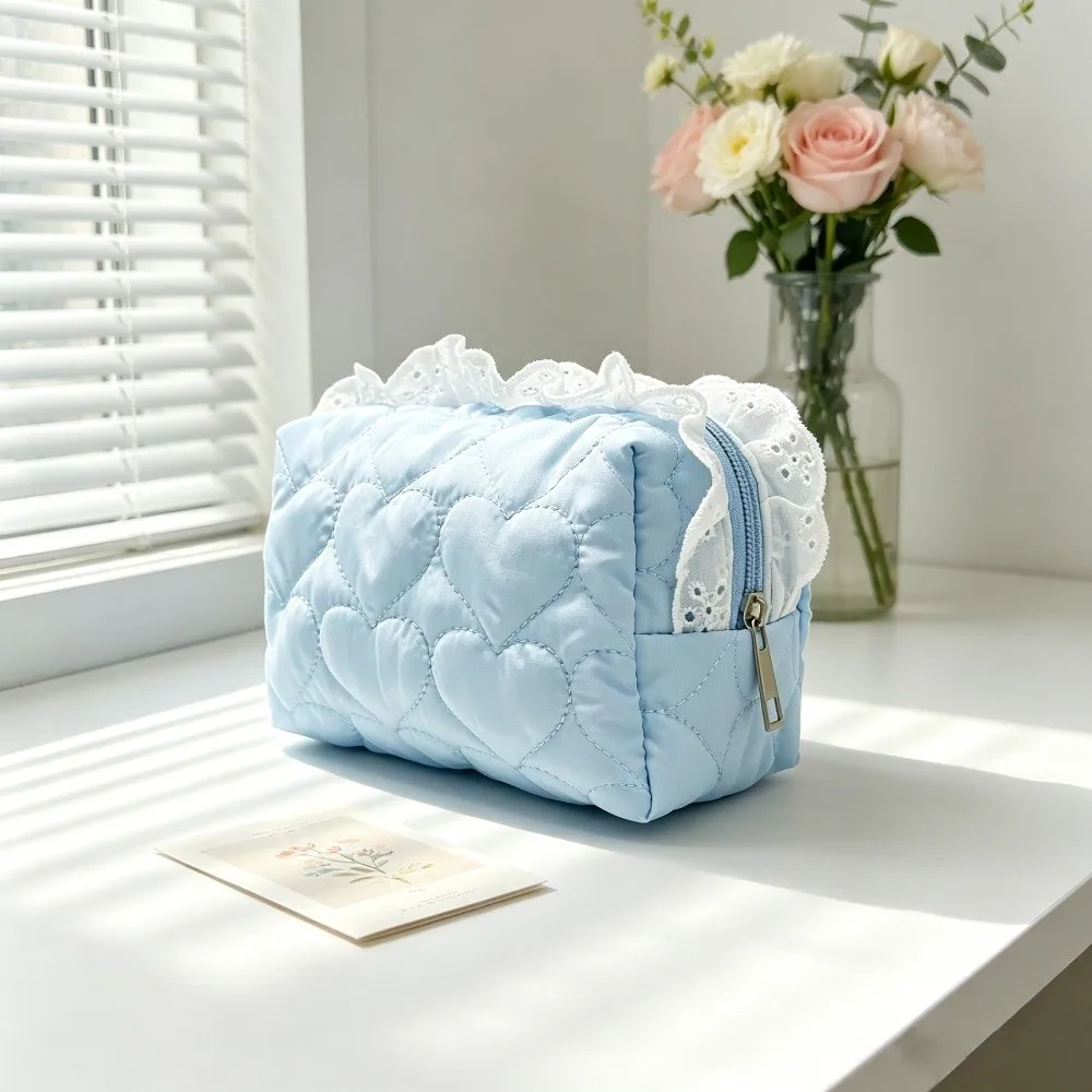 Large Capacity Cosmetic Bag Lace Ruffle Quilted Travel Toiletry Bag Plaid Heart Pattern Multifunctional Skincare Storage Bag