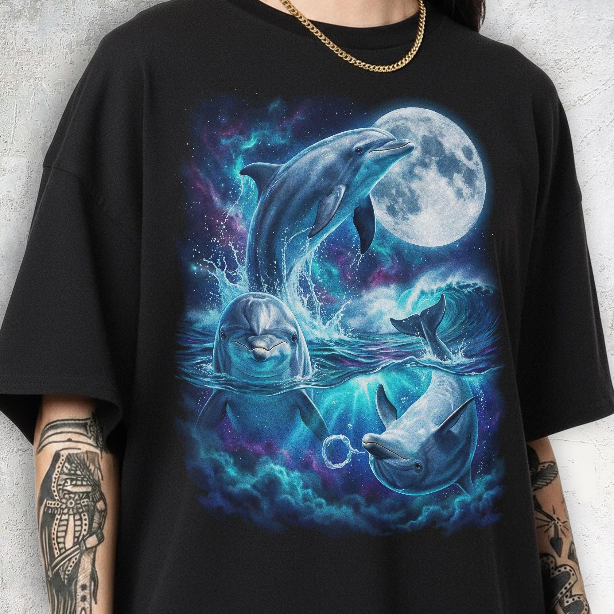 Three Dolphin Moon Shirt, Vintage 90s Graphic Tee, Porpoise Ocean Mammal Lover Gift