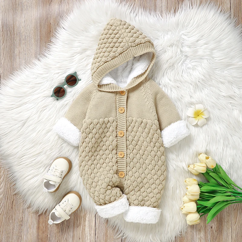 Baby Romper Fashion Hooded Newborn Girl Boy Jumpsuit 0-18M Overalls Infant Children Clothes Long Sleeve Fleece-lined Winter Knit