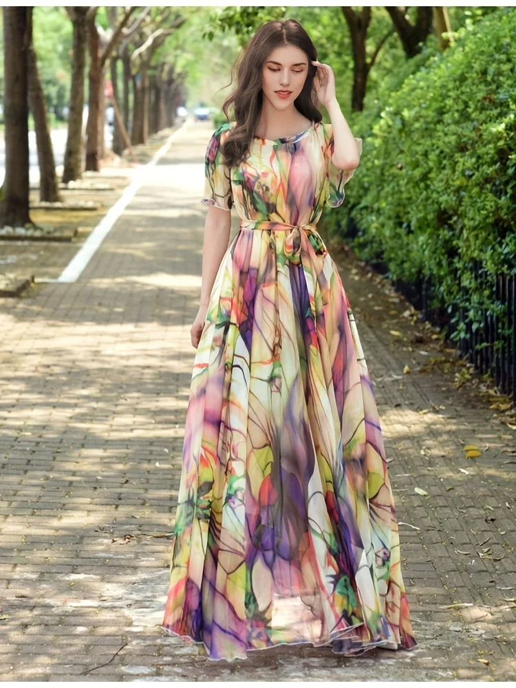 2024 Summer Bohemian Long Dress Flowers Print Holiday Boho Floral Chiffon Fashion Party Dresses Islamic Clothing Robe Vestido