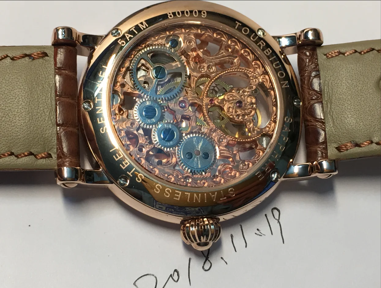 ساعة توربيون بحركة 8000 كجم من الذهب الوردي المجوف المقاوم للماء ساعة ميكانيكية للرجال توربيون