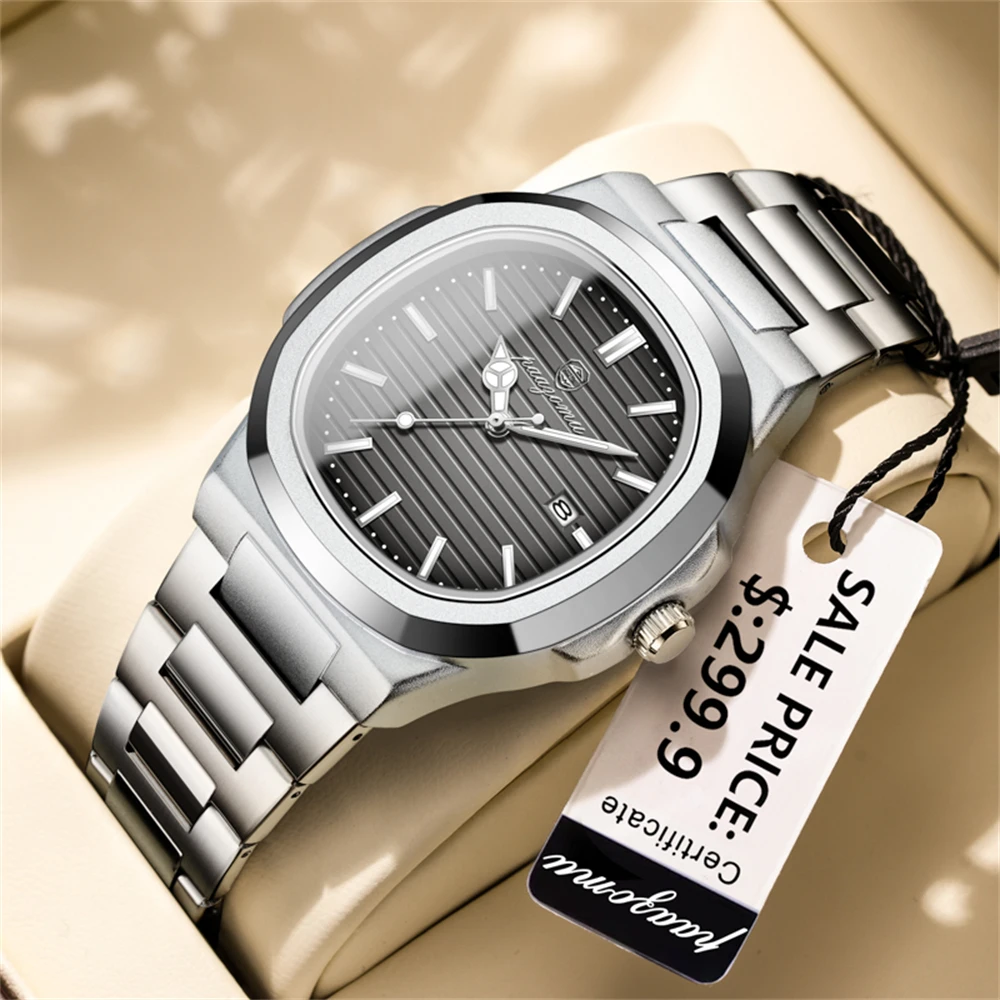 Poedagar relógio de aço inoxidável masculino marca luxo negócios luminoso à prova dwaterproof água relógio masculino calendário quadrado relógios pulso quartzo