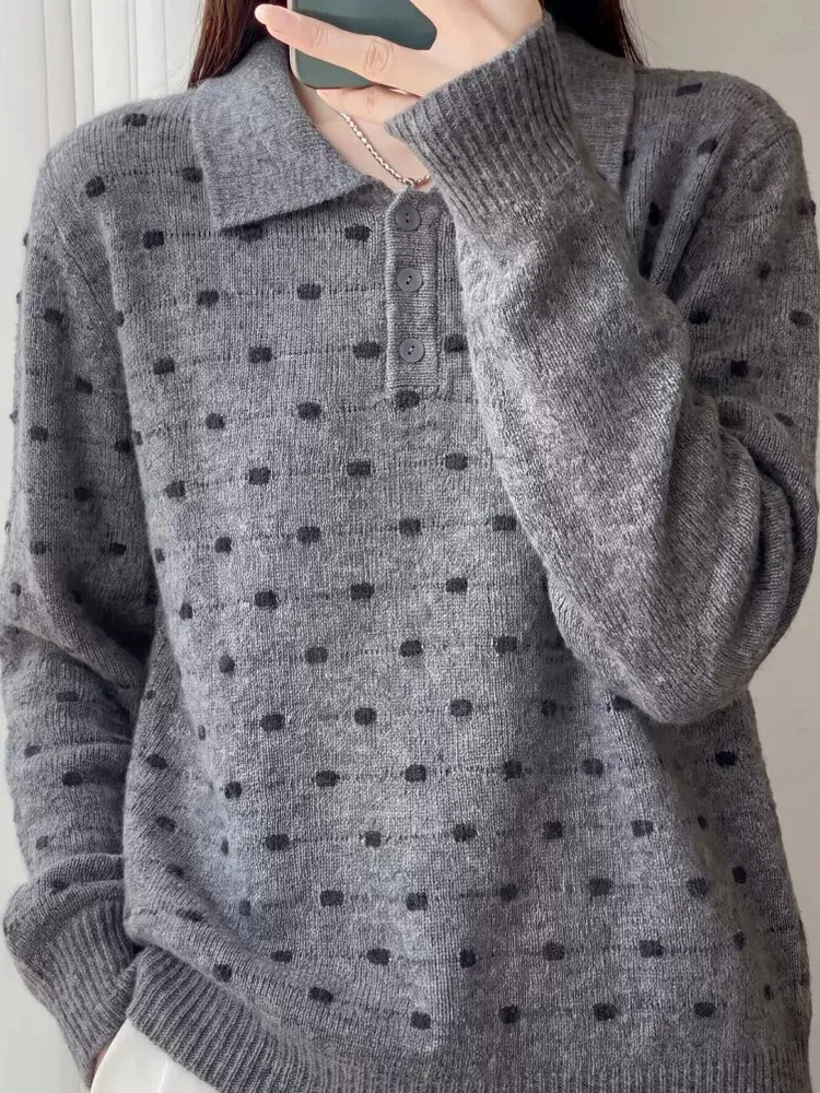 Casual Polka Dot Knitwear Long Sleeve Loose Collar Sweater Women's Soft Comfortable Warm Base Shirt Vintage Style