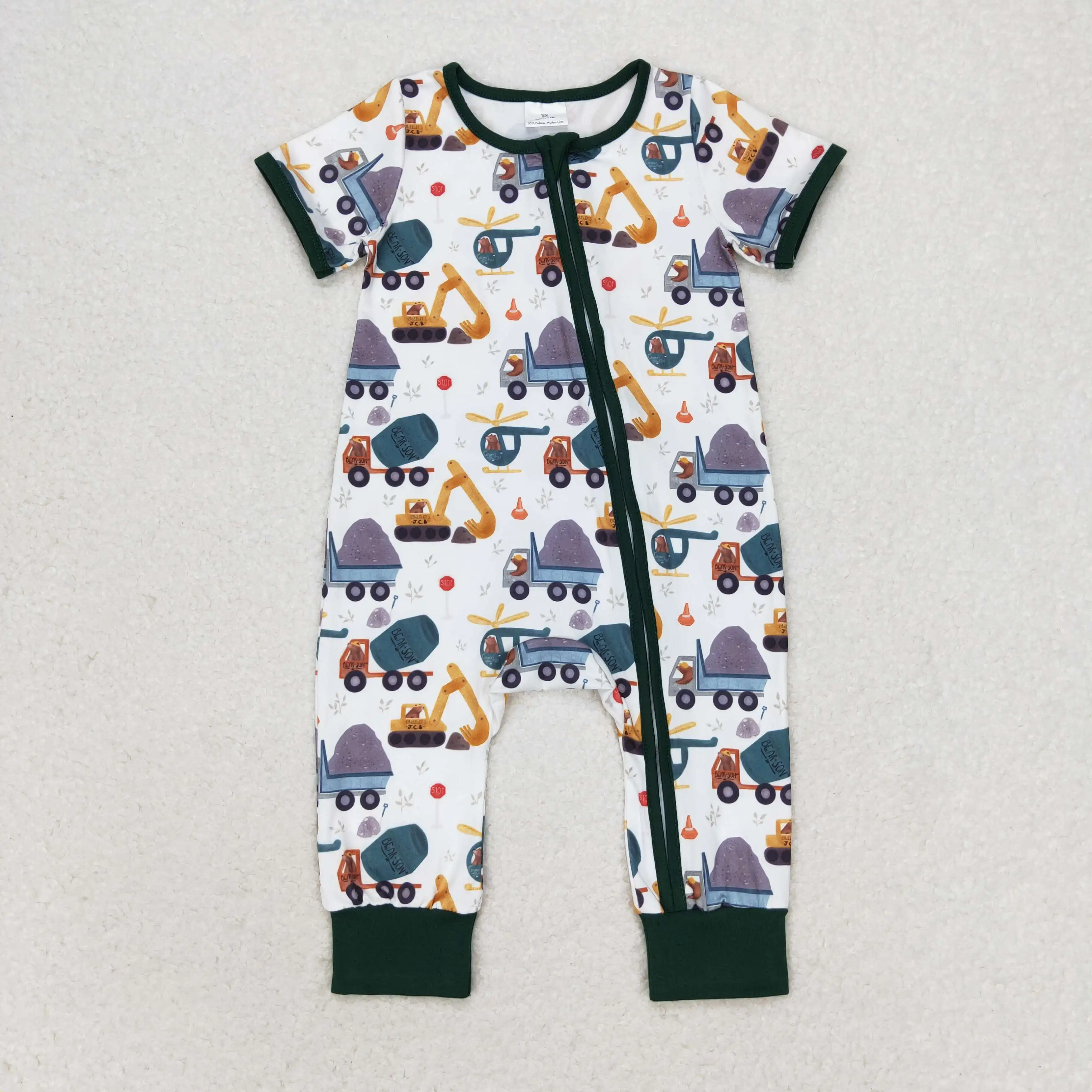 

z930-12 SR0850 toddler baby boy clothes Engineering green zipper short sleeve romper Wholesale Summer Boutique baby rompers