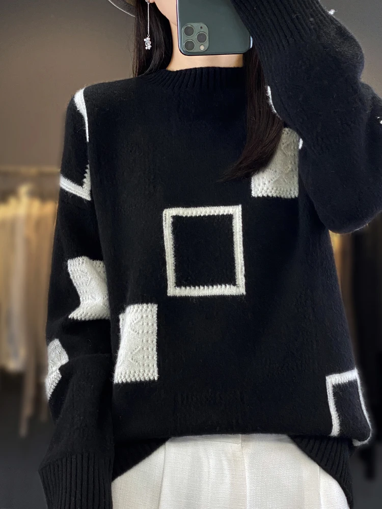 Autumn and Winter New 100% Pure Wool Design Knitted Sweater Women\'s Hoodie Colorful Checkered Top [Returns Not Supported]